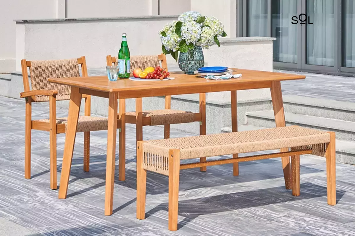 SOL Chesapeake Honey 4-Piece Patio Acacia Wooden Mixed Strapped Rattan Dining Set with 2-Seater Bench