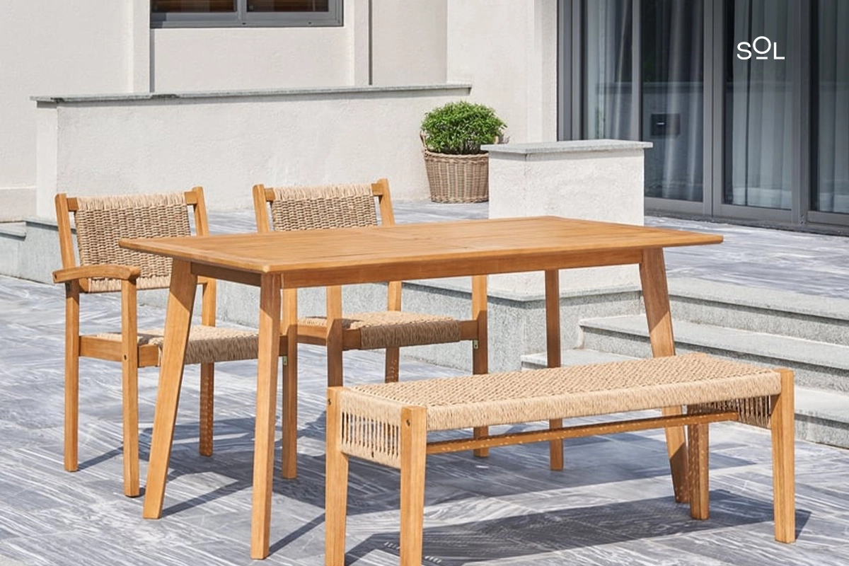 SOL Chesapeake Honey 4-Piece Patio Acacia Wooden Mixed Strapped Rattan Dining Set