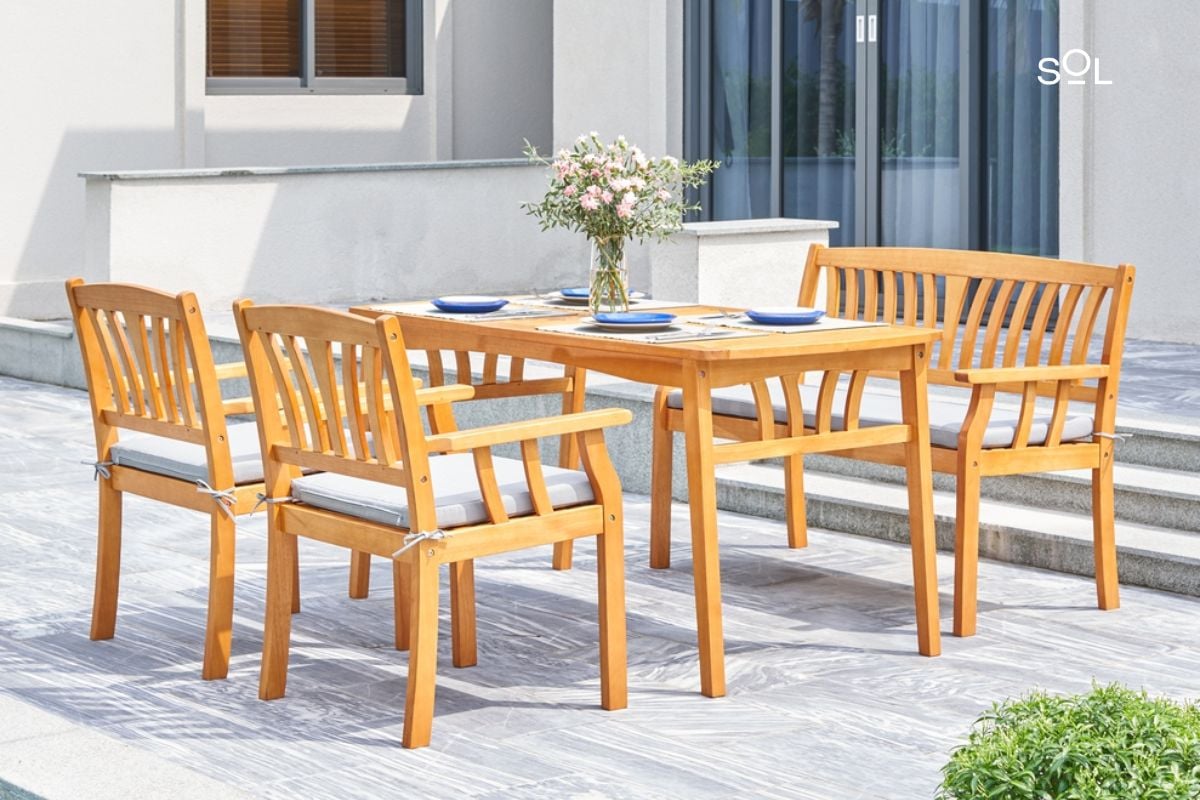 Coastal Honey Nautical 4-Piece Wooden Outdoor Dining Set with Bench